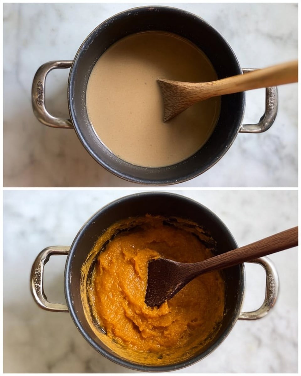 Two images show a black pot on a white marbled surface with a wooden spoon inside. In the first image, the pot contains a smooth beige liquid being stirred. In the second image, the pot holds a thick orange mixture with a somewhat chunky texture, and the wooden spoon is resting inside it. Photo taken with an iphone --ar 4:5 --v 7
