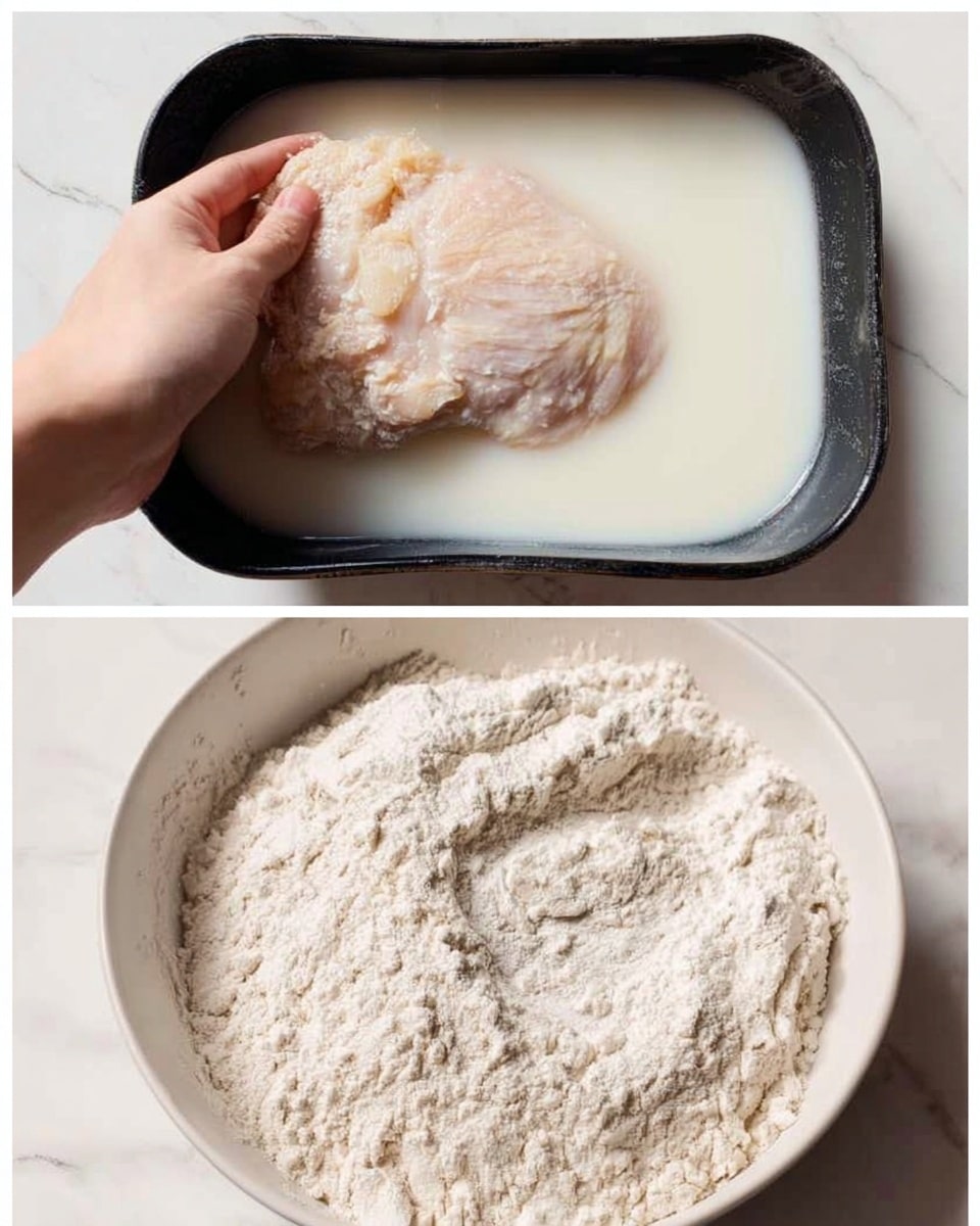 The first image shows a woman's hand holding a raw, pale pink chicken piece submerged in white milk inside a black tray. The second image shows the same chicken piece now fully covered in white flour, lying flat in a shallow white round bowl filled with the flour. Both images are set on a white marbled textured surface. photo taken with an iphone --ar 4:5 --v 7