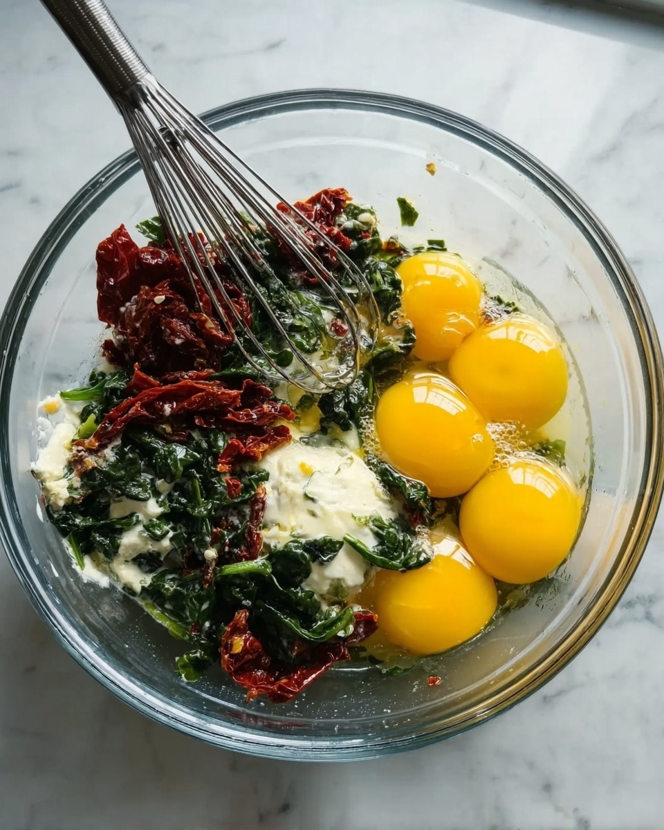 A clear glass bowl on a white marbled surface contains six bright yellow egg yolks on one side, with a mix of chopped dark green spinach leaves and small pieces of deep red sun-dried tomatoes spread beside the yolks. A silver metal whisk is partially inside the bowl, stirring the ingredients which also include a dollop of white cream or cheese in the center. The mix appears fresh and vibrant under natural light. Photo taken with an iphone --ar 4:5 --v 7