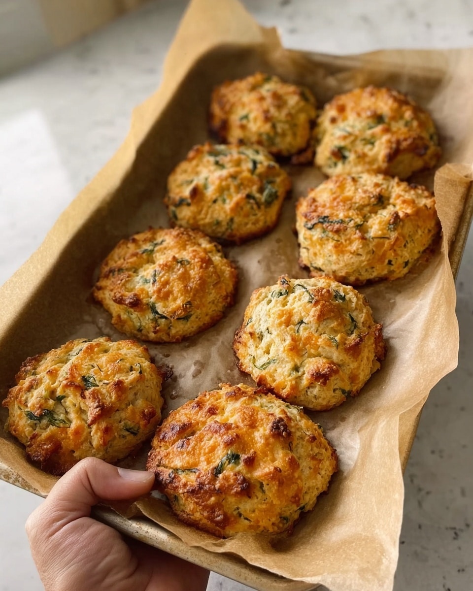 A woman’s hand holds a baking tray lined with light brown parchment paper, on which there are nine golden brown, round savory scones. Each scone has a slightly uneven shape with visible bits of green herbs and small orange cheese pieces, giving a textured look with a crispy top. The tray is held over a white marbled surface with soft natural light highlighting the warm and fresh baked scones. Photo taken with an iphone --ar 4:5 --v 7