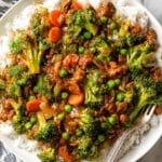 Teriyaki Ground Turkey with Broccoli and Peas over Rice Recipe