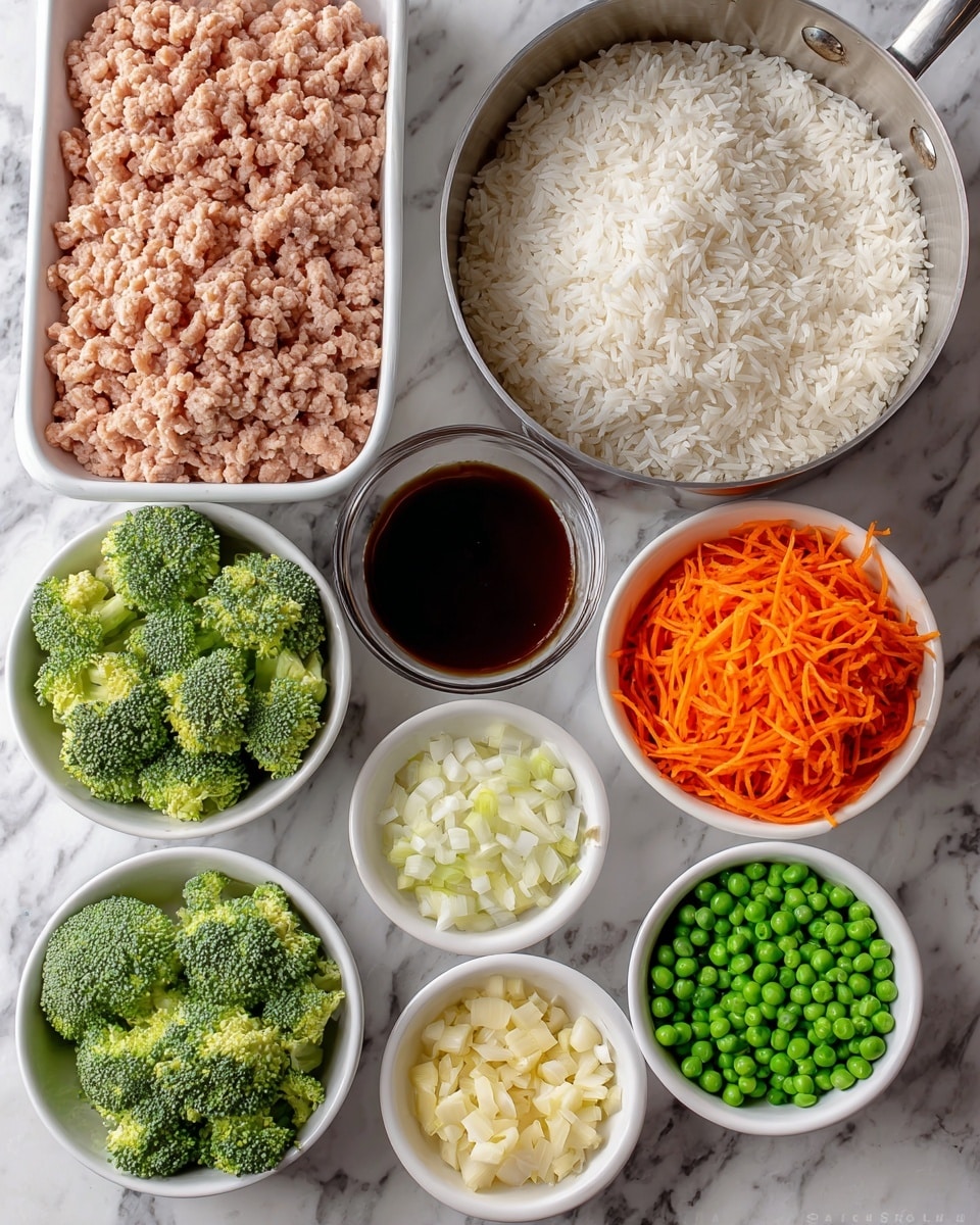A white rectangular container filled with raw ground turkey with a textured, stringy surface is placed next to a metal pot holding a large quantity of cooked rice, showing soft, fluffy white grains. Below these, there are five white bowls arranged in a semi-circle: one holds green broccoli florets with a bumpy texture, another has bright orange shredded carrot strands, a third contains frozen peas that are round and slightly frosty, a fourth bowl shows small, pale yellow minced garlic pieces, and the last has white minced onion chunks. A white bowl filled with shiny dark brown teriyaki sauce completes the setup, all placed on a white marbled surface photo taken with an iphone --ar 4:5 --v 7