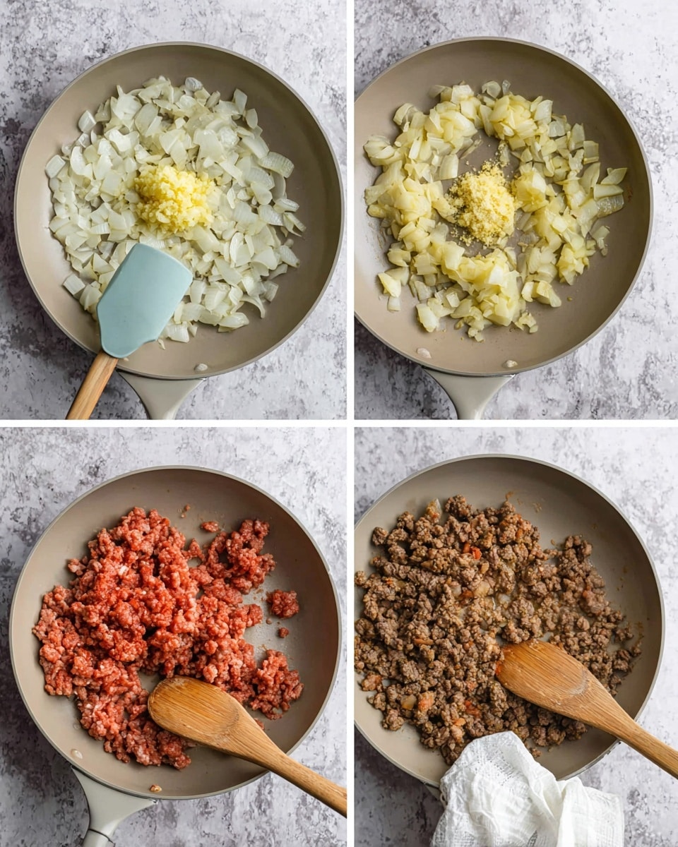 The image shows a collage of four steps cooking in a light gray pan on a white marbled surface. The first section shows a layer of chopped white onions with a small pile of minced yellow garlic on top, all in oil. The second section shows the onions mostly cooked, soft, and pale yellow, with a light blue spatula stirring them. The third section adds raw red ground meat on top of light yellow cooked onions with a wooden spatula resting on the side. The last section shows the cooked brown ground meat mixed well with softened onions, with a wooden spatula stirring and a folded white paper towel in the pan. Photo taken with an iphone --ar 4:5 --v 7