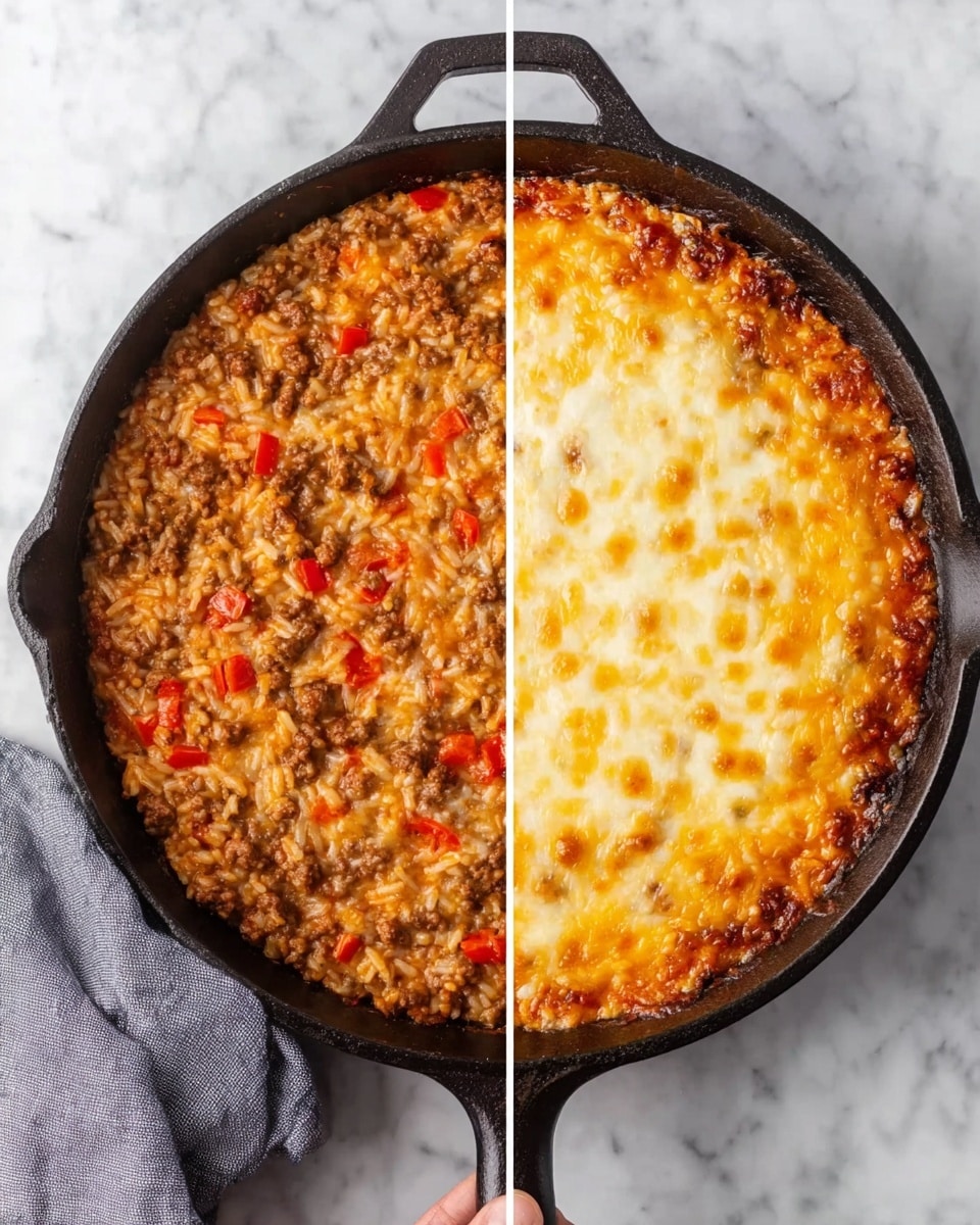 The image shows a black cast iron skillet on a white marbled surface, holding a two-layer dish. On the left side, the first layer is made of cooked rice mixed with small pieces of red and orange bell peppers and ground meat, all in a thick sauce with a soft, chunky texture and orange-brown color. On the right side, the same skillet now has a second top layer covering the rice mixture fully, made of melted cheese with a golden-brown bubbly surface that has melted spots and slightly darker crispy areas. A gray cloth napkin partly surrounds the skillet handle, and a woman's hand is not in the picture. Photo taken with an iphone --ar 4:5 --v 7