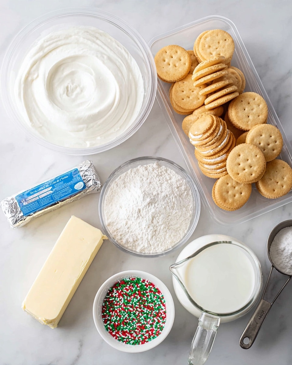 The image shows several ingredients arranged neatly on a white marbled surface. At the top center, there is an open round container filled with smooth white cream. To the right of it, there is a clear plastic tray with three rows of stacked golden sandwich cookies. Below the container and cookies, there is a glass bowl filled with fine white powder and a block of silver-wrapped cream cheese next to it. Near the bottom left, there is a stick of light yellow butter and a glass pitcher with white milk. In the front center, there is a small white bowl containing red, green, and white round sprinkles, and to its right, a metal measuring cup filled with more white powder, likely sugar. The overall scene is bright and clean with a clear focus on the ingredients. Photo taken with an iphone --ar 4:5 --v 7