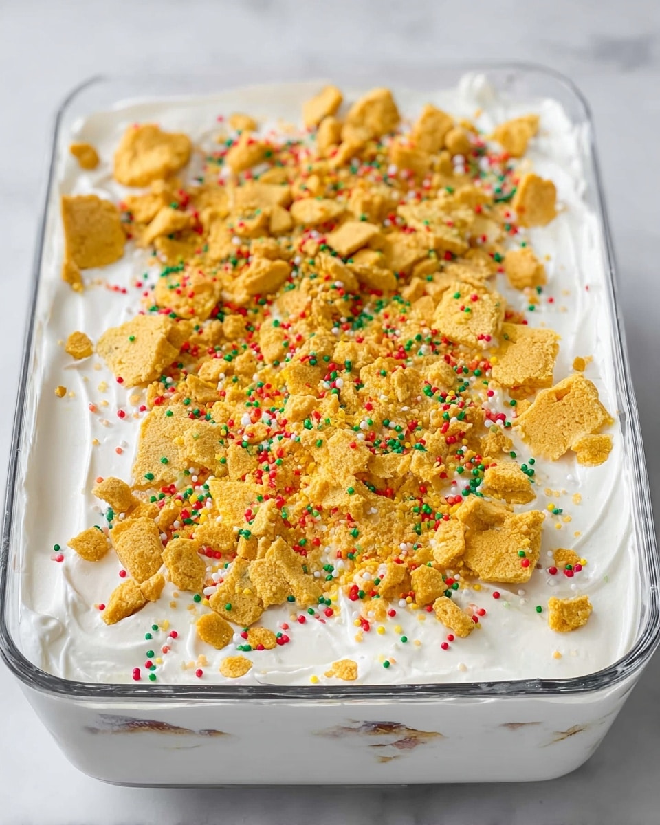 A white rectangular glass dish holds a dessert with three visible layers; the bottom layer is not visible, covered by a thick, smooth white cream layer that spreads evenly across the top surface; on top of the cream, there is a generous scattering of broken yellow cookie pieces mixed with red, green, and orange small round sprinkles; the dish is placed on a white marbled surface. Photo taken with an iphone --ar 4:5 --v 7