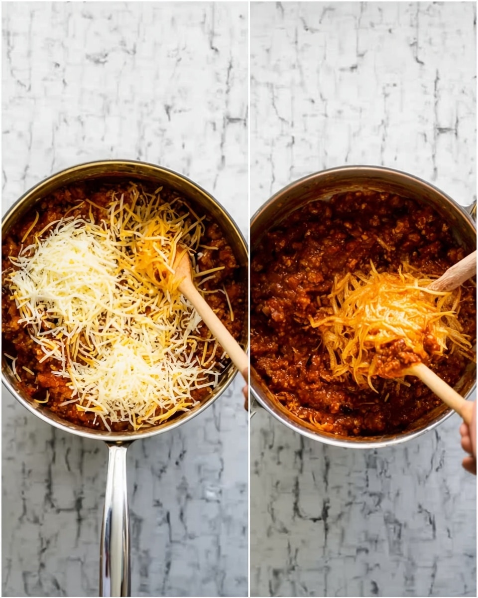 The image shows two scenes of a cooking pot on a white marbled surface, filled with a thick mixture. On the left side, a woman's hand uses a wooden spatula to stir in three layers of shredded cheese with white, light yellow, and orange colors on top of the mixture. On the right side, the pot shows the mixture fully combined with a rich reddish-brown color and melted cheese mixed in, with the same woman's hand holding the wooden spatula inside the pot. The pot is silver and shiny, and the background is a white marbled texture. Photo taken with an iphone --ar 4:5 --v 7