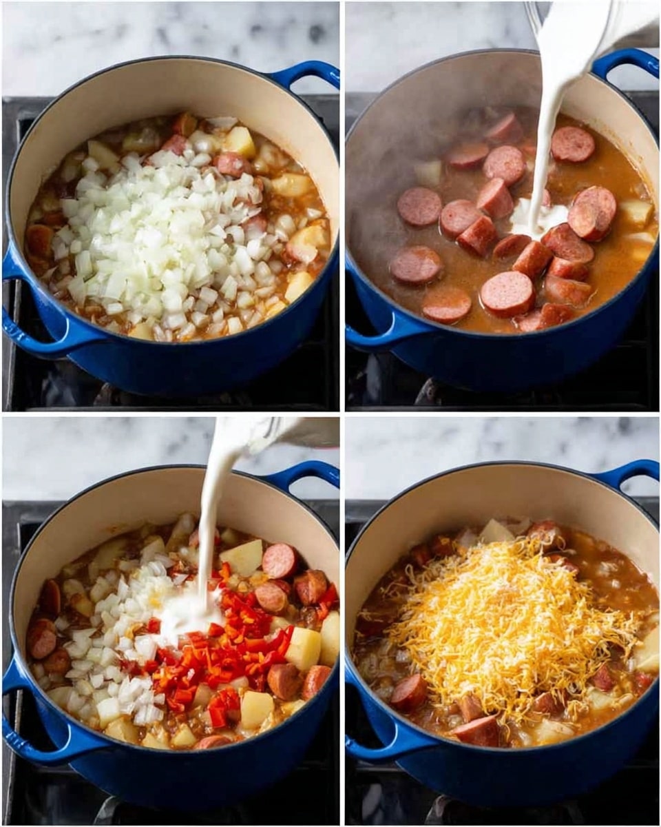 The image shows four steps of cooking a dish in a blue pot on a stove with a white marbled surface. The first step shows diced white onions and small pieces of red peppers at the bottom of the pot. The second step shows sliced sausage pieces added on top of a brownish liquid with steam rising. The third step shows white cream being poured into the pot containing the sausage, onions, and potatoes in a brown stew base. The last step shows a large mound of shredded yellow cheese on top of the simmering stew with sausage and potatoes around the edges, all steaming hot. Photo taken with an iphone --ar 4:5 --v 7