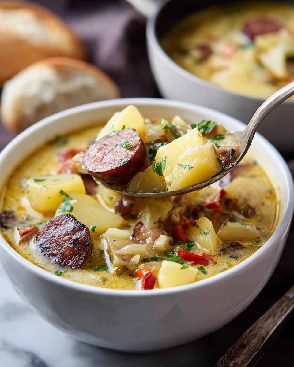 A white bowl filled with creamy soup containing large chunks of yellow potatoes and slices of dark brown sausage, mixed with small pieces of vegetables like red peppers and herbs scattered on top; a ladle is lifting a portion of the soup showing the thick texture and ingredients clearly, a white marbled surface beneath and blurred background with another bowl and bread visible, photo taken with an iphone --ar 4:5 --v 7