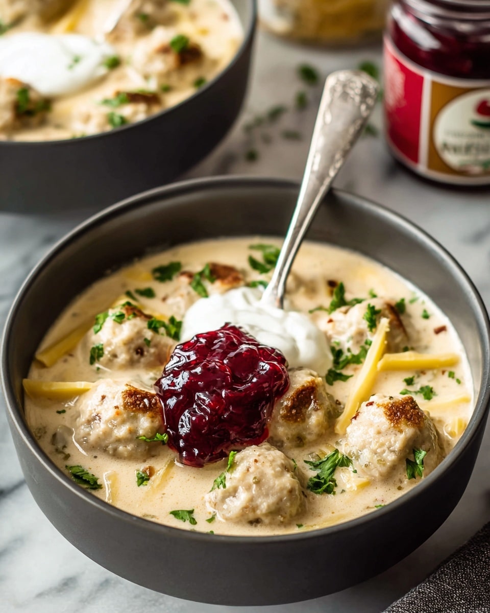 A close-up of a bowl filled with creamy light beige soup containing soft, round meatballs with a slightly textured surface; thin strips of pale yellow cheese are mixed in, and fresh bright green parsley pieces are scattered on top. On the surface of the soup, there is a smooth dollop of bright white cream next to a thick, shiny spoonful of deep red jam. The bowl is dark gray and sits on a white marbled surface, with a spoon resting inside the bowl. In the background, there is a blurry second bowl with the same soup and a jar with a red label. Photo taken with an iphone --ar 4:5 --v 7