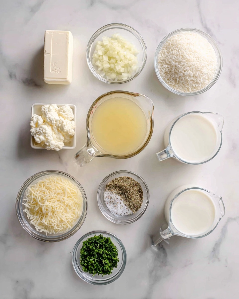 The image shows a top view of eight ingredients arranged neatly on a white marbled surface. From left to right, there is a small white rectangular block of butter on the top left, below it a small clear glass bowl filled with chopped garlic, and below that a white measuring cup filled with uncooked white rice. In the center is a clear glass measuring cup filled with light yellow chicken broth. Below it, a small clear glass bowl contains finely grated pale yellow parmesan cheese. On the right side, from top to bottom, a clear glass measuring cup is filled with white milk, next to it a small clear glass bowl holds mixed white and black seasoning, and below that another small clear glass bowl contains finely chopped green parsley. The items are evenly spaced and labeled clearly. Photo taken with an iphone --ar 4:5 --v 7
