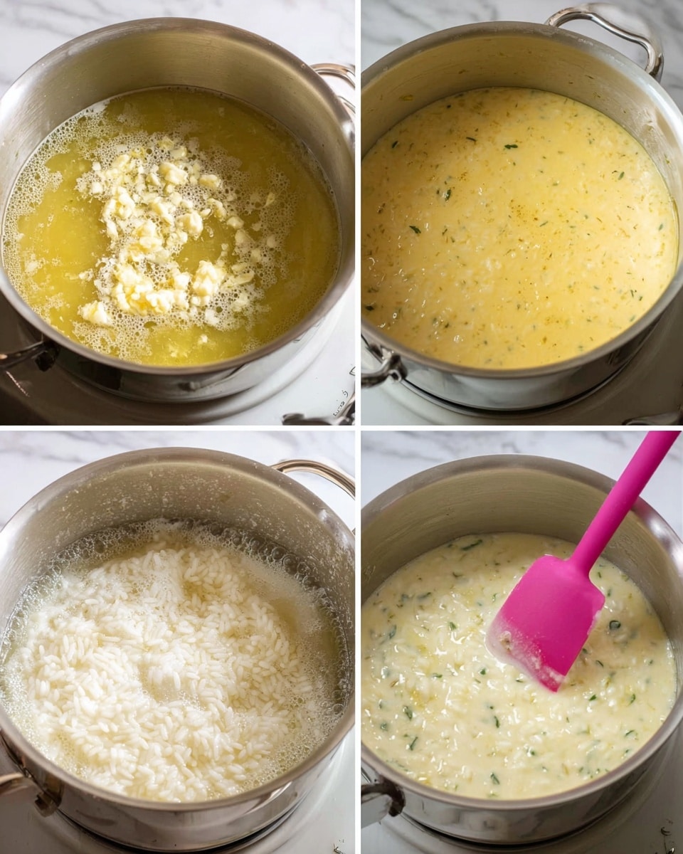 A collage of four images shows the process of making creamy risotto in a silver pot. In the first image, a layer of melted butter with small pieces of garlic or onion is bubbling at the bottom of the pot. The second image shows a smooth, yellowish liquid mixture with specks of herbs or spices filling the pot, creating a thick soup-like texture. In the third image, a layer of soft, cooked rice floating in a milky broth can be seen inside the pot, with condensation on the lid above. The final image displays creamy, thick risotto with visible small green herbs mixed in, being stirred by a pink spatula inside the pot. The pot is set on a stovetop, and the background is a white marbled texture. photo taken with an iphone --ar 4:5 --v 7