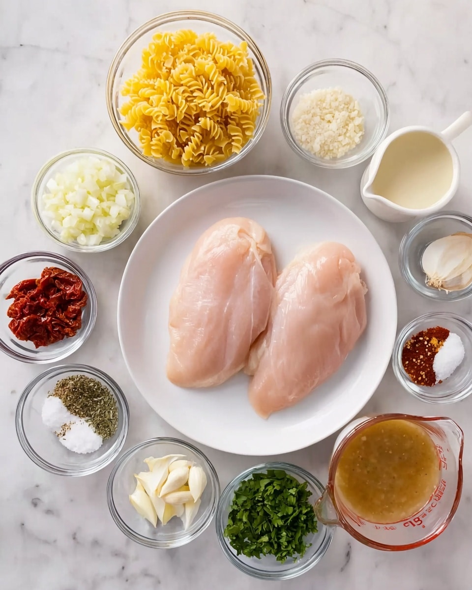 The image shows a top view of several small clear glass bowls and a white plate with food ingredients arranged neatly on a white marbled surface. In the center, a white plate holds two raw chicken breasts, pale pink and smooth. Surrounding the plate, small glass bowls contain a variety of items: yellow dry pasta with a wavy shape, light yellow chopped onions, bright green chopped fresh herbs, white garlic cloves, dried red pepper flakes, black pepper, white salt, chopped sun-dried tomatoes in a deep red color, and minced garlic. Additionally, there is a measuring cup with light brown chicken broth and another small glass jug with creamy white liquid. The ingredients are spread evenly with clear separation between each bowl. Photo taken with an iphone --ar 4:5 --v 7