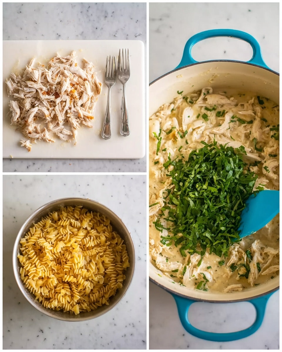 The first image shows shredded chicken pieces scattered across a white cutting board with two forks resting on top to the left side, the chicken is pale with some light brown bits. The second image is a metal pot with cooked ruffled pasta inside, coated lightly in sauce, with a blue spatula stirring the pasta from the right side. The third image shows a large white pot with handles, inside there is a creamy mixture with chopped chicken, and on top is a heap of fresh green chopped spinach leaves. The background surface in all images is white marbled texture. photo taken with an iphone --ar 4:5 --v 7