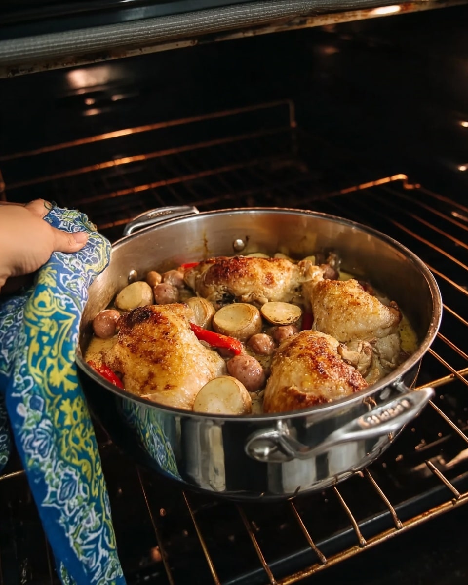 A shiny silver pot inside an oven contains a dish with several large pieces of cooked chicken with a golden-brown skin layered on top. Underneath and around the chicken, there are plump sausages and visible slices of light brown mushrooms mixed with some small pieces of red bell peppers and onions. A woman's hand wrapped in a blue, green, and white patterned cloth is holding the handle of the pot on the right side. The background shows the dark interior of the oven with metal racks. photo taken with an iphone --ar 4:5 --v 7