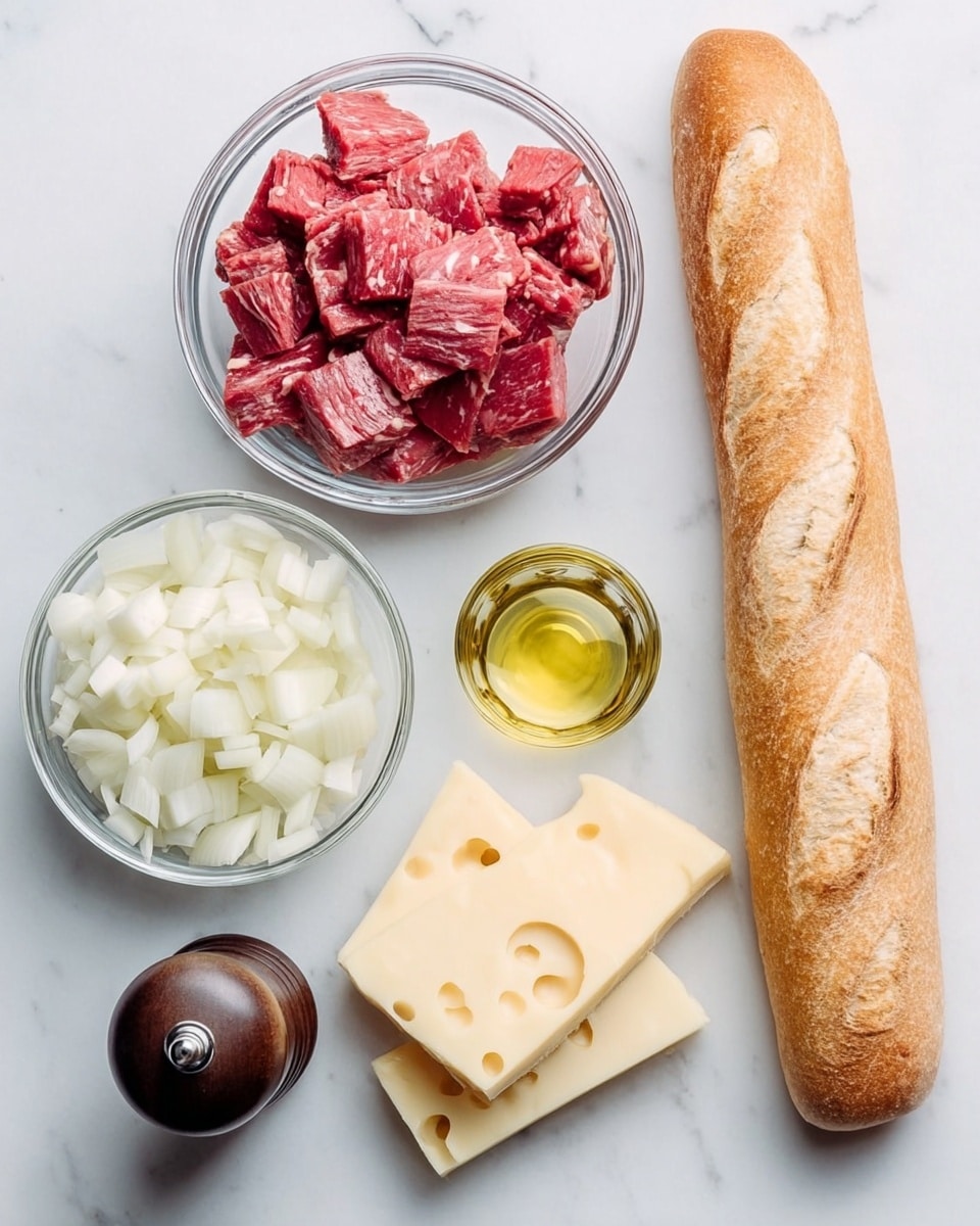 The image shows ingredients arranged on a white marbled surface. There is a clear bowl on the left filled with thin slices of raw red meat with some white fat visible. Next to it on the right is a smaller clear bowl with chopped white onions. On the right side of the image, there is a long white baguette with a crisp brown crust and a few cuts on the top. Near the baguette are two slices of pale yellow cheese with small holes. Below the bowls and cheese are two dark wood pepper and salt grinders, and next to them is a small transparent container with light yellow oil. photo taken with an iphone --ar 4:5 --v 7