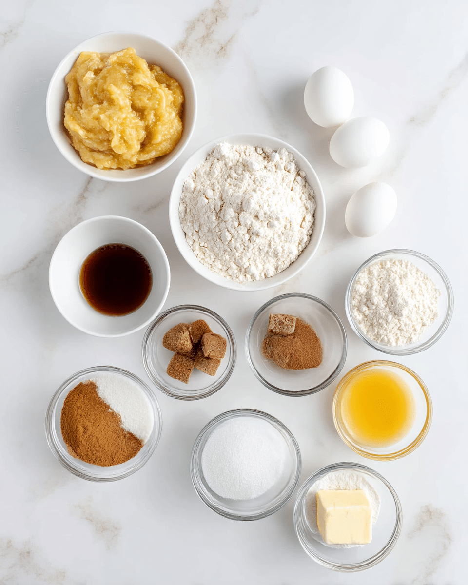 The image shows nine small white bowls with different baking ingredients placed on a white marbled surface. Starting from the top left, there is a bowl filled with mashed bananas showing a soft, yellowish texture. To the right of it, there is a bowl with two whole white eggs. Below the mashed bananas is a bowl filled with white flour, fluffy and powdery in texture. Next to the eggs is a small glass bowl with a dark brown liquid, vanilla extract. Below the vanilla are two small brown sugar cubes inside a clear glass bowl. Under the flour is a white bowl full of white granulated sugar. To the left of the sugar is a clear glass bowl with brown cinnamon powder, smooth and fine. Below the sugar, there is a small bowl containing a yellow melted substance, butter. Finally, to the right of the butter is a small clear bowl with white baking powder. All ingredients are neatly arranged with a neat white marbled background photo taken with an iphone --ar 4:5 --v 7