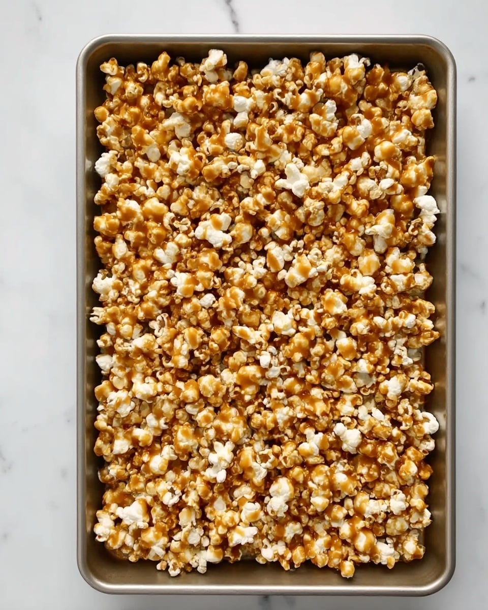 The image shows six clear glass containers arranged on a white marbled surface. At the top left is a large bowl filled with light brown, crumbly brown sugar. To its right is a glass measuring cup filled with clear water. Below these, near the center, is a large glass bowl filled with white, fluffy popped popcorn. On the bottom left, there are two white sticks of butter wrapped with paper. To the right of the popcorn bowl, there are three small glass bowls in a row: one with salt, one with dark amber vanilla extract, and one with white baking soda. The scene is bright and clean, showcasing the ingredients clearly. photo taken with an iphone --ar 4:5 --v 7