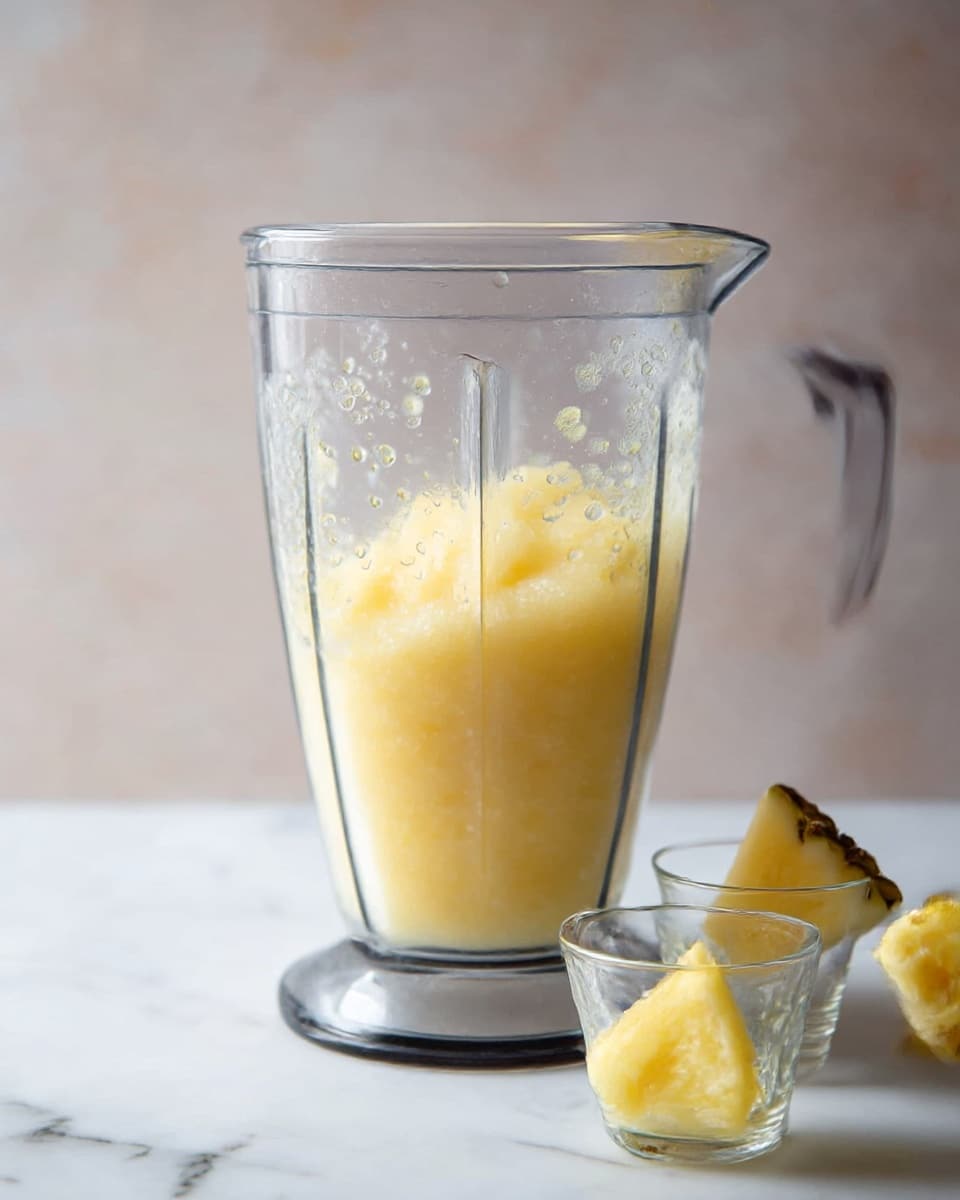 A clear blender jar filled with a pale yellowish mixture that looks soft and slushy, taking up most of the space inside. The blender is placed on a white marbled surface, and near it, there are two small glasses, each with a small triangular pineapple slice attached to the rim. The pineapple slices show a mix of light yellow and brown colors with a rough texture. Photo taken with an iphone --ar 4:5 --v 7
