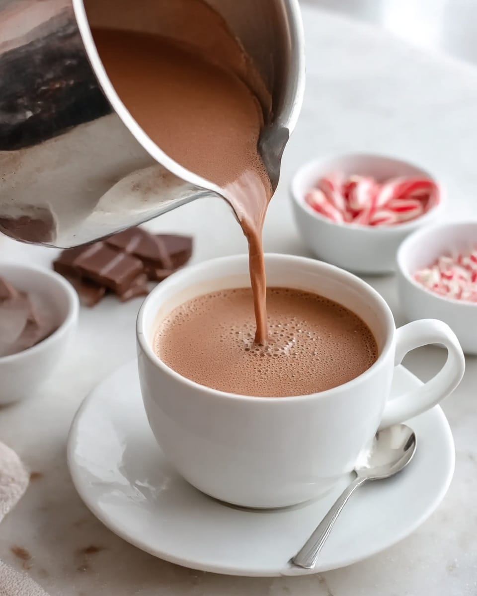 A white cup filled with smooth, light brown hot chocolate is being filled from a shiny metallic pot held above it. The cup sits on a white saucer with a small silver spoon placed next to it. In the background, small white bowls hold pieces of chocolate and red-and-white striped candy, all arranged on a white marbled surface. The scene is bright and cozy, showing the warm drink in the center. Photo taken with an iphone --ar 4:5 --v 7