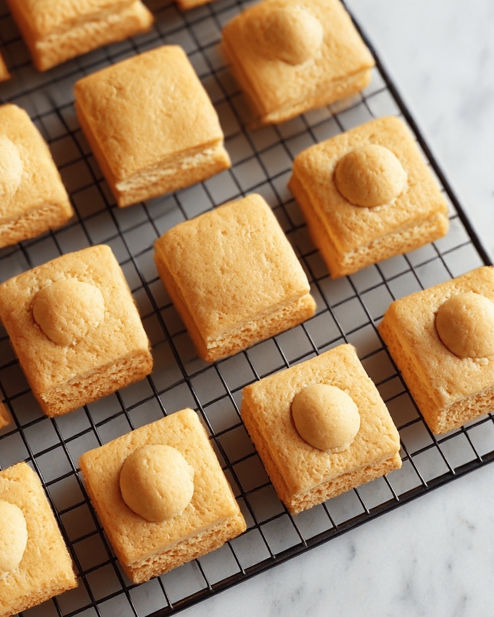 Rows of square, light brown baked pastries are on a black wire cooling rack over a white marbled surface. Some pastries have a smooth, slightly puffed and soft-looking top layer, while others show a rougher, finely textured bottom layer with a dollop of the same soft pastry dough on top as a small mound. The colors are warm and beige without any additional decoration, and the rack and surface keep a clean, simple look. photo taken with an iphone --ar 4:5 --v 7