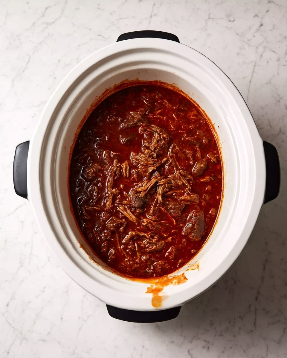 The image shows a white slow cooker filled with thick, dark red stew with shredded meat evenly spread throughout. The surface of the stew looks rich and saucy with some darker brown pieces of meat visible, and a few splashes of sauce on the inner sides of the slow cooker. The slow cooker has black handles and is placed on a white marbled surface. The photo taken with an iphone --ar 4:5 --v 7