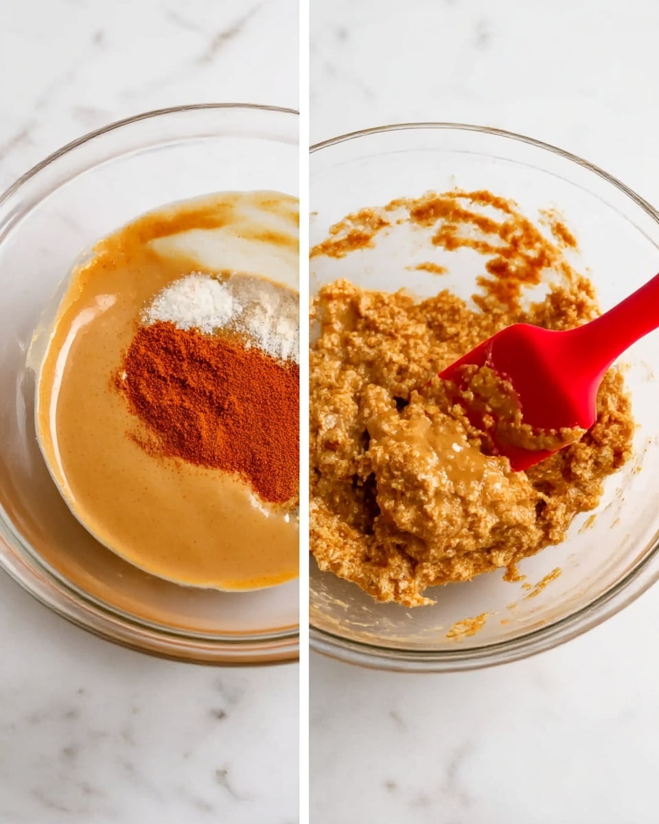 The first image shows a clear glass bowl on a white marbled surface filled with a mix of smooth light brown peanut butter sauce, dark orange powder, and some white ingredients visible at the edges, layered in the bowl. The second image shows the same bowl with the ingredients now mixed into a thick, coarse textured mixture of light brown and orange shades being stirred with a red spatula. photo taken with an iphone --ar 4:5 --v 7