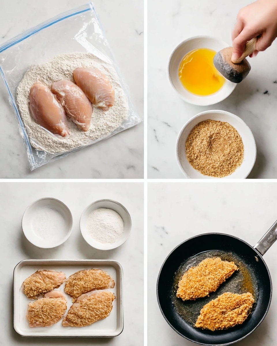 The first image shows two raw chicken pieces placed inside a clear plastic bag on a white marbled surface, with a woman's hand holding a meat mallet above them ready to pound. The second image features three round white dishes on a white marbled surface; the left dish holds white flour, the middle dish contains a beaten yellow egg mixture, and the right dish has light brown breadcrumbs with a woman's hand dipping a raw chicken piece into it. The third image displays a white tray layered with multiple pieces of breaded chicken, covered evenly in the breadcrumbs, sitting on a white marbled surface. The fourth image shows a single breaded chicken piece frying in a black pan with oil, the chicken is golden brown and crispy on the outside. photo taken with an iphone --ar 4:5 --v 7