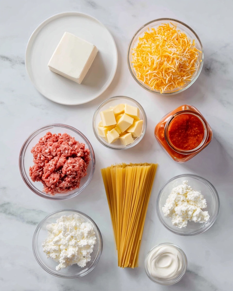 The image shows various ingredients neatly arranged on a white marbled surface. In the top left, there is a white plate holding a block of white cheese. Below it, a small glass bowl contains yellow butter cubes. To the right, a larger glass bowl is filled with shredded orange cheese. Above this, there’s a jar filled with bright red sauce. In the center top, a medium glass bowl holds raw ground meat with a pinkish-red color. To the right of the meat bowl, a clear measuring cup is standing upright holding uncooked spaghetti strands that are golden yellow. Near the middle bottom, a small glass bowl contains a white creamy substance, and to the right of it, another small glass bowl has white cottage cheese. All items are spaced out evenly on the smooth white marbled background. photo taken with an iphone --ar 4:5 --v 7
