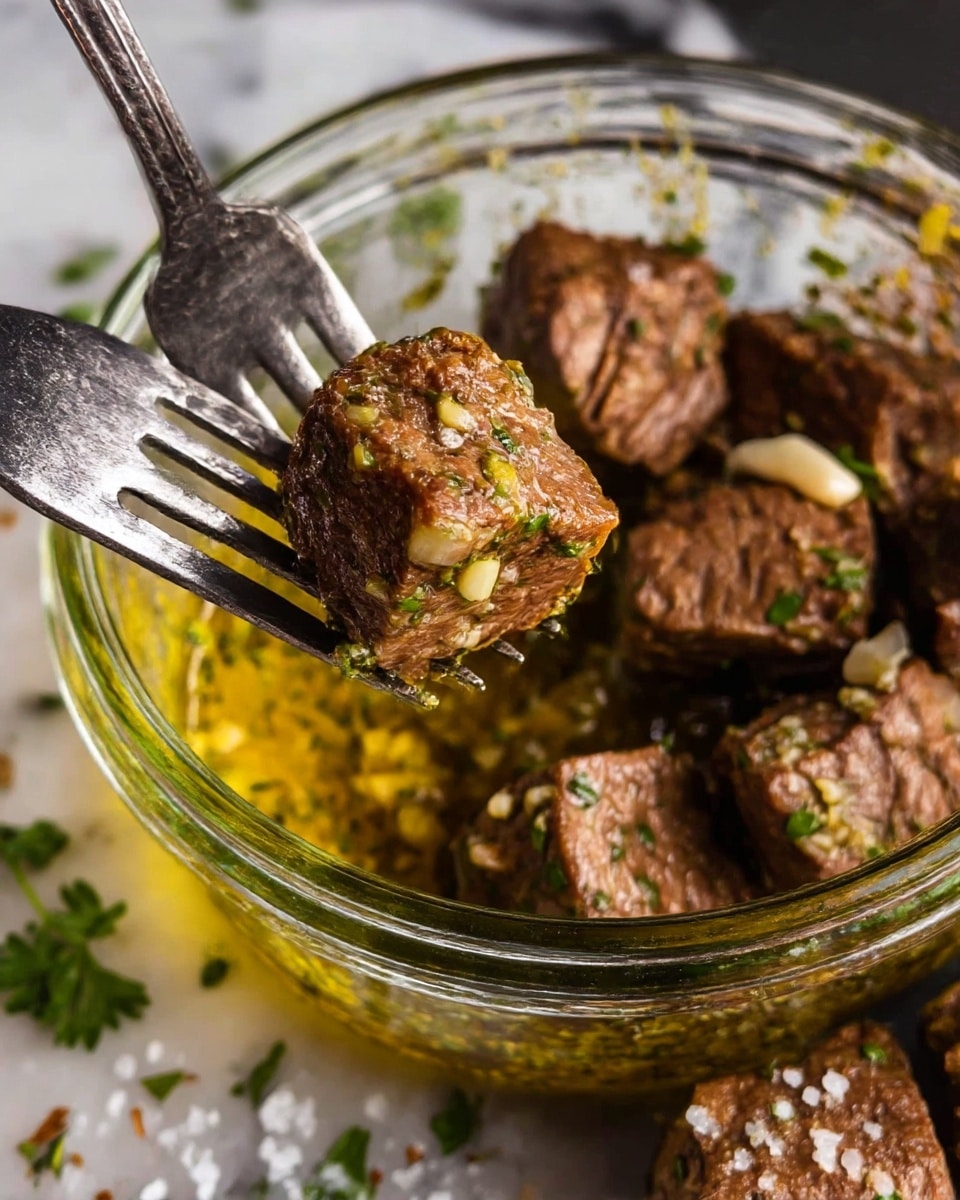 A fork holds a small cube of cooked brown meat, coated with bits of green herbs and small pieces of garlic, dipping into a glass bowl filled with a yellow oily sauce mixed with chopped herbs and garlic. Around the bowl, there are several pieces of the same brown meat, some sprinkled with coarse salt and small parsley leaves. The whole scene is set on a white marbled surface. photo taken with an iphone --ar 4:5 --v 7
