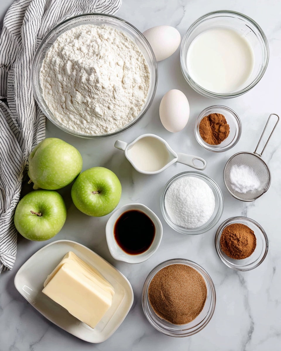 The image shows baking ingredients neatly arranged on a white marbled surface with a gray and white striped cloth on the left side. There are two green apples placed together near the center. Above them, a large clear glass bowl filled with white flour is positioned. To the right of the flour bowl, a small white cup of milk, a small glass bowl with cinnamon powder, and two white eggs are arranged. Above the flour, there is a round glass bowl of white sugar and a small fine mesh sieve filled with powdered sugar. To the left of the flour bowl, a small glass container with dark vanilla extract is placed. Below the apples, a rectangular silver tray holds a stick of pale yellow butter. A small clear bowl with white baking powder and a small white bowl filled with brown sugar sit near the bottom right corner. Photo taken with an iphone --ar 4:5 --v 7