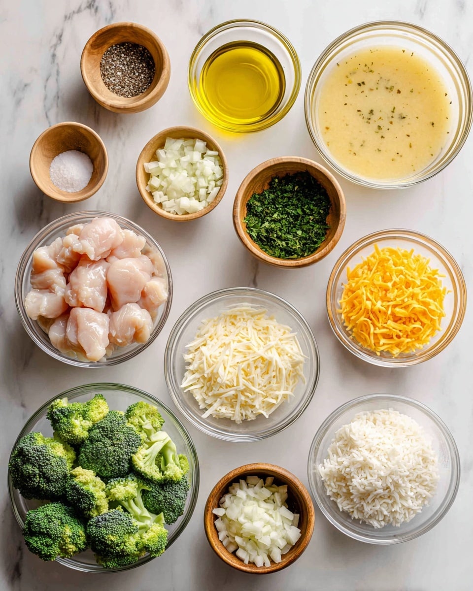 A top view of eleven small clear bowls and one wooden bowl arranged neatly on a white marbled surface, each containing different ingredients. Starting from the top left, a wooden bowl holds coarse salt and black pepper, next to it is a small clear glass bowl with a light yellow olive oil. Below the salt and pepper is a clear glass bowl filled with golden yellow chicken broth, to its right a wooden bowl with dark green chopped parsley, and further right, another wooden bowl with minced garlic. In the middle row, a larger clear glass bowl contains creamy, light yellow cream of chicken soup, next to it a small clear glass bowl of finely chopped white onion. Below these, in a clear glass bowl is raw pale pink chicken pieces on the left, next to it white uncooked rice in a small clear bowl on the right. At the bottom left, a large clear bowl holds fresh bright green broccoli florets, and finally a clear glass bowl with a mix of white and orange shredded cheddar cheese. Each bowl and ingredient is clearly visible, placed carefully and well lit. Photo taken with an iphone --ar 4:5 --v 7