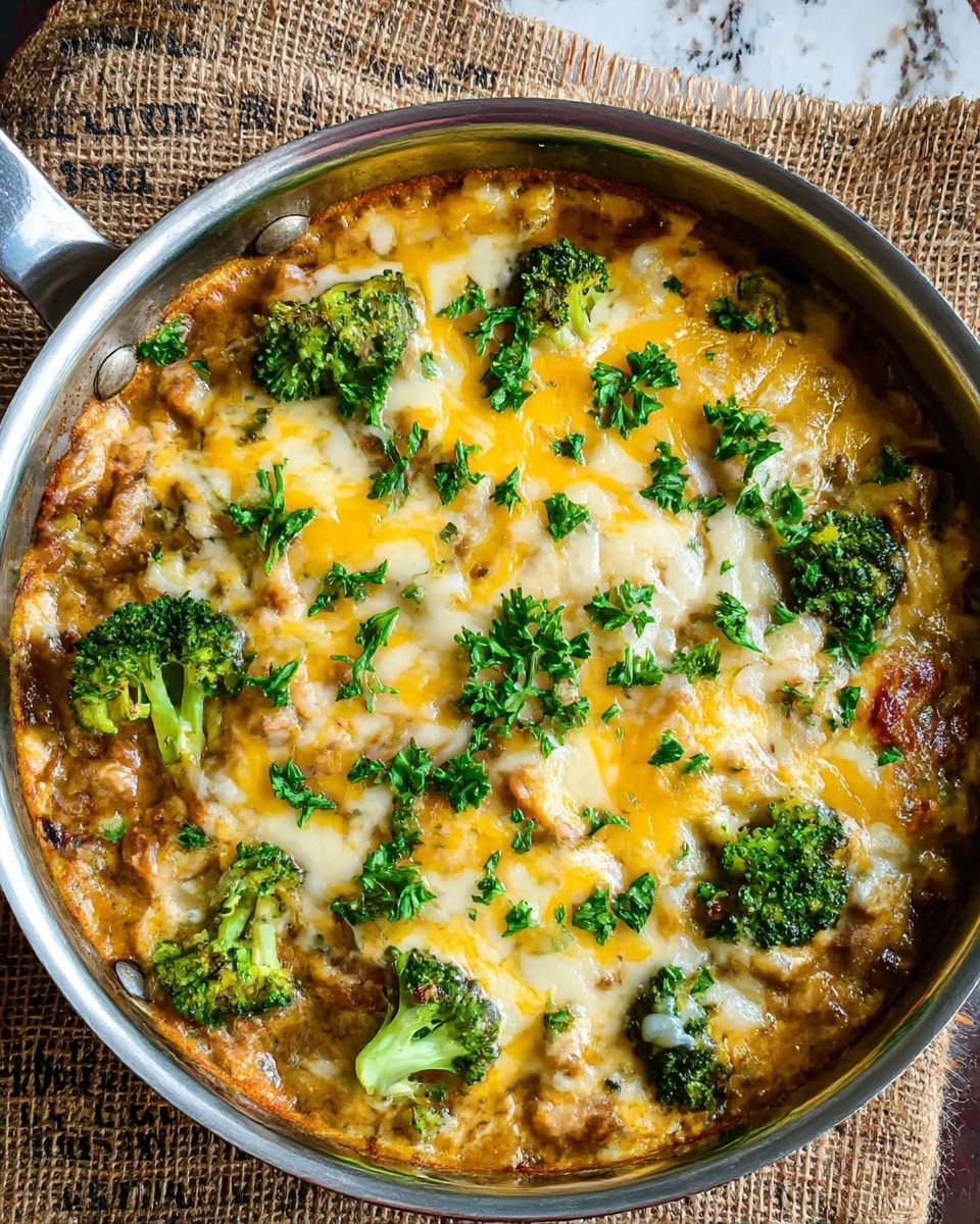 The image shows a round silver pan filled with a creamy baked dish. The base layer is a thick, brownish sauce mixed with small chunks of food, likely meat or vegetables. Bright green broccoli florets are scattered throughout the dish, adding a fresh color contrast. The top layer is a melted mix of yellow and white cheese that covers the surface unevenly, with some areas showing more cheese melting and browning. Fresh green parsley pieces are sprinkled over the cheese, providing a final touch of color and freshness. The pan is placed on a burlap fabric with printed text, and the background is a white marbled texture. Photo taken with an iphone --ar 4:5 --v 7