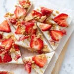 High Protein Frozen Greek Yogurt Cheesecake Bark with Strawberries Recipe