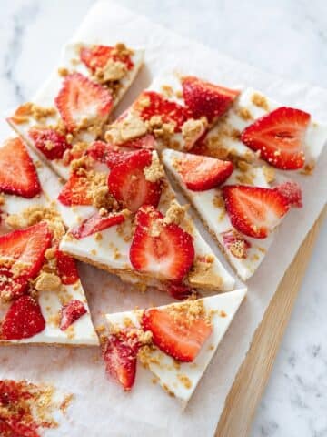 High Protein Frozen Greek Yogurt Cheesecake Bark with Strawberries Recipe