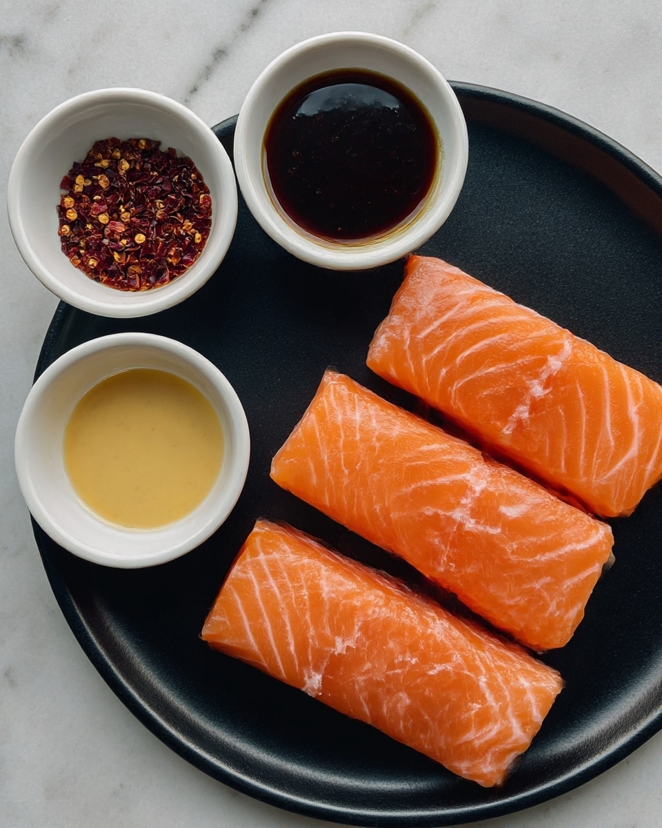 The image shows four pieces of fresh orange salmon with light white veins on a round black plate at the bottom. Above the plate, there are four small white bowls placed on a white marbled surface. The bowls contain different sauces and seasonings: one has red chili flakes with small seeds, the next holds a thick dark brown sauce, the third contains a light yellow creamy sauce, and the fourth has a pale yellow thin liquid. The colors and textures contrast clearly, making each element distinct and visually appealing. Photo taken with an iphone --ar 4:5 --v 7