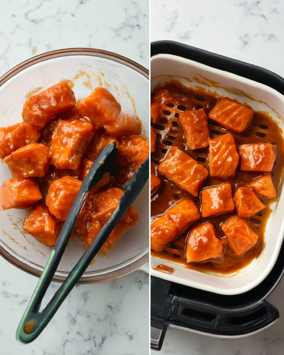 The image shows two parts: on the left is a clear glass bowl filled with raw orange-colored salmon pieces coated with a shiny brown sauce, with a pair of black and green tongs resting inside; on the right, a white square air fryer basket holds larger chunks of the same salmon with the brown sauce visible on the bottom. The background is a white marbled texture. photo taken with an iphone --ar 4:5 --v 7
