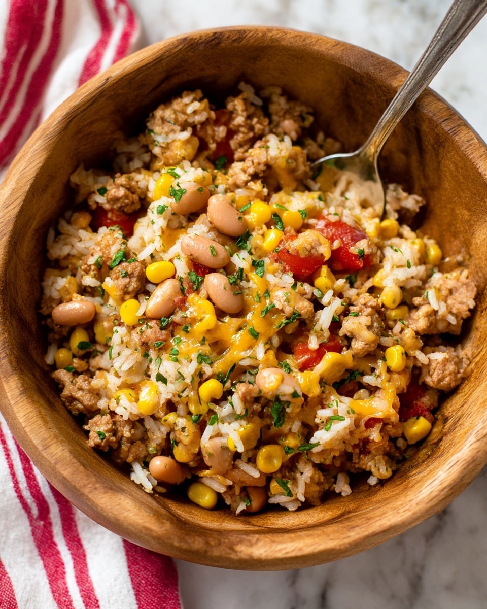 A wooden bowl filled with a mixed dish of white rice, light brown beans, bright yellow corn kernels, chunks of cooked light brown ground meat, small pieces of red tomato, melted yellow cheese, and scattered green herbs. A silver spoon is placed inside the bowl, partially buried in the food. The bowl is sitting on a white marbled textured surface with a red and white striped cloth nearby. photo taken with an iphone --ar 4:5 --v 7