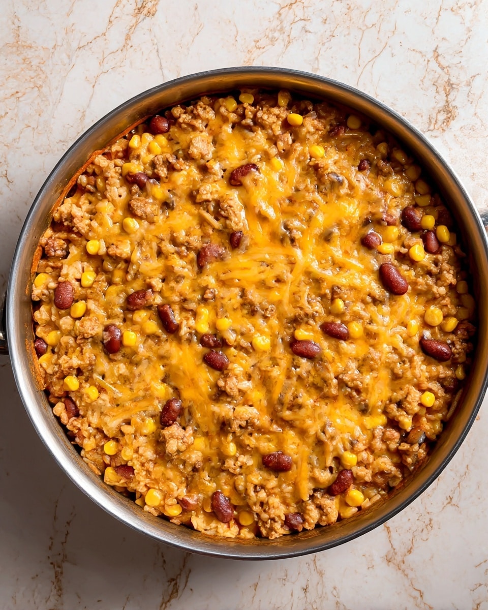 The image shows a round metal pan filled with one thick layer of a casserole dish made from cooked rice, yellow corn kernels, brown beans, ground meat, and melted orange cheese scattered evenly across the top. The mixture has a rough texture, with the beans and chunks of meat visible through the melted cheese, all blended together in warm shades of yellow, brown, and orange. The pan sits on a white marbled surface. Photo taken with an iphone --ar 4:5 --v 7