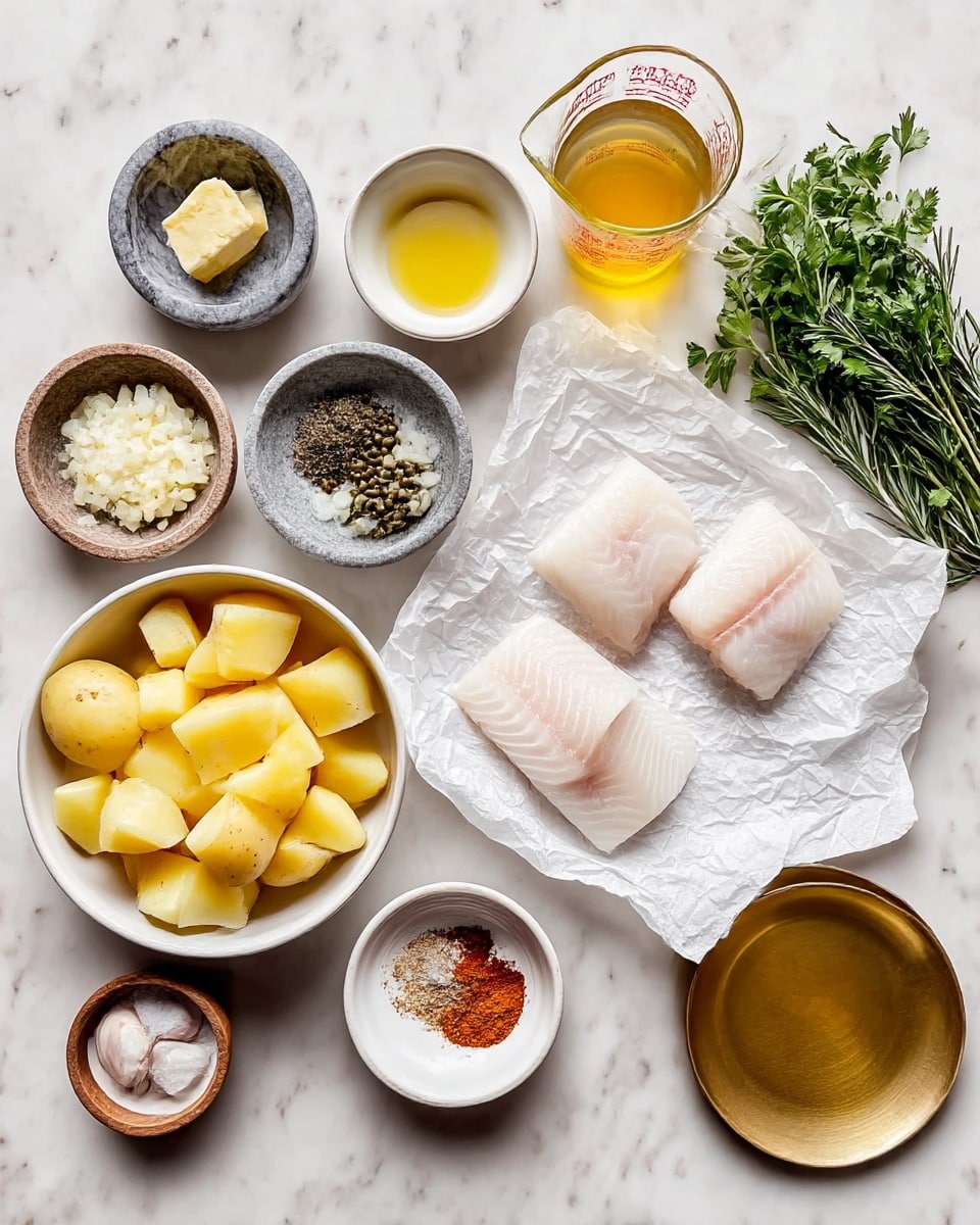 The image shows various ingredients neatly arranged on a white marbled surface. At the center right, three pieces of raw white fish lie on crumpled white parchment paper. Below them is a white bowl filled with cut yellow potatoes. Surrounding these are small white bowls containing light yellow butter, mustard, capers, diced shallots, and lemon juice. There is also a small wooden bowl with black pepper, a gray marble bowl with salt, a dark bowl with finely chopped garlic, and a gold plate with red spice. A clear measuring cup with golden broth and a bunch of green herbs including parsley and rosemary are placed on the far right side. The colors are mostly light and fresh, highlighting the natural look of each ingredient. Photo taken with an iphone --ar 4:5 --v 7