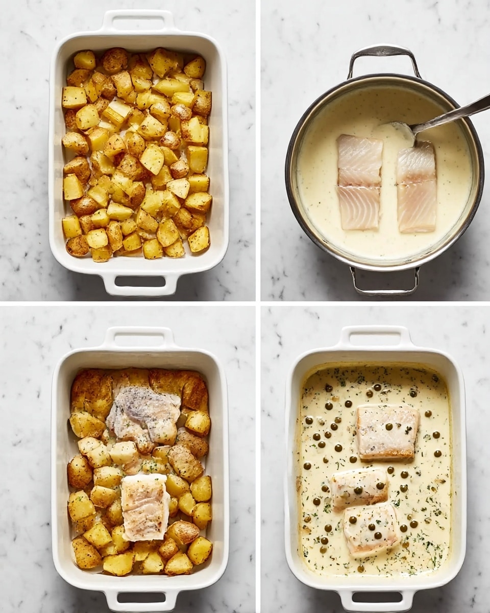 A white rectangular baking dish is shown in four different stages on a white marbled surface. The first stage shows a layer of golden brown roasted potato chunks spread evenly in the dish. The second stage adds three pale, raw fish fillets placed on top of the potatoes. The third stage shows a creamy white sauce with herbs being stirred in a silver pot beside the dish. The last stage has the fish and potatoes covered in the creamy sauce with herbs and small capers, making the dish look rich and saucy with a mix of gold, white, and green colors. Photo taken with an iphone --ar 4:5 --v 7