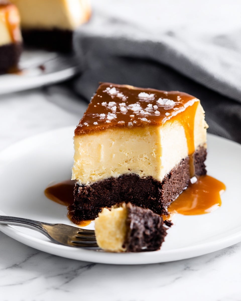 A slice of cheesecake sits on a white plate over a white marbled surface. The cheesecake has two layers: a thick, smooth, creamy light yellow top layer and a dense, dark chocolate bottom layer. The top is covered with a shiny caramel sauce dripping down the sides and sprinkled with coarse sea salt. In the foreground, a metal fork holds a small bite of the cheesecake with caramel sauce. A gray cloth is partially visible behind the plate. Photo taken with an iphone --ar 4:5 --v 7