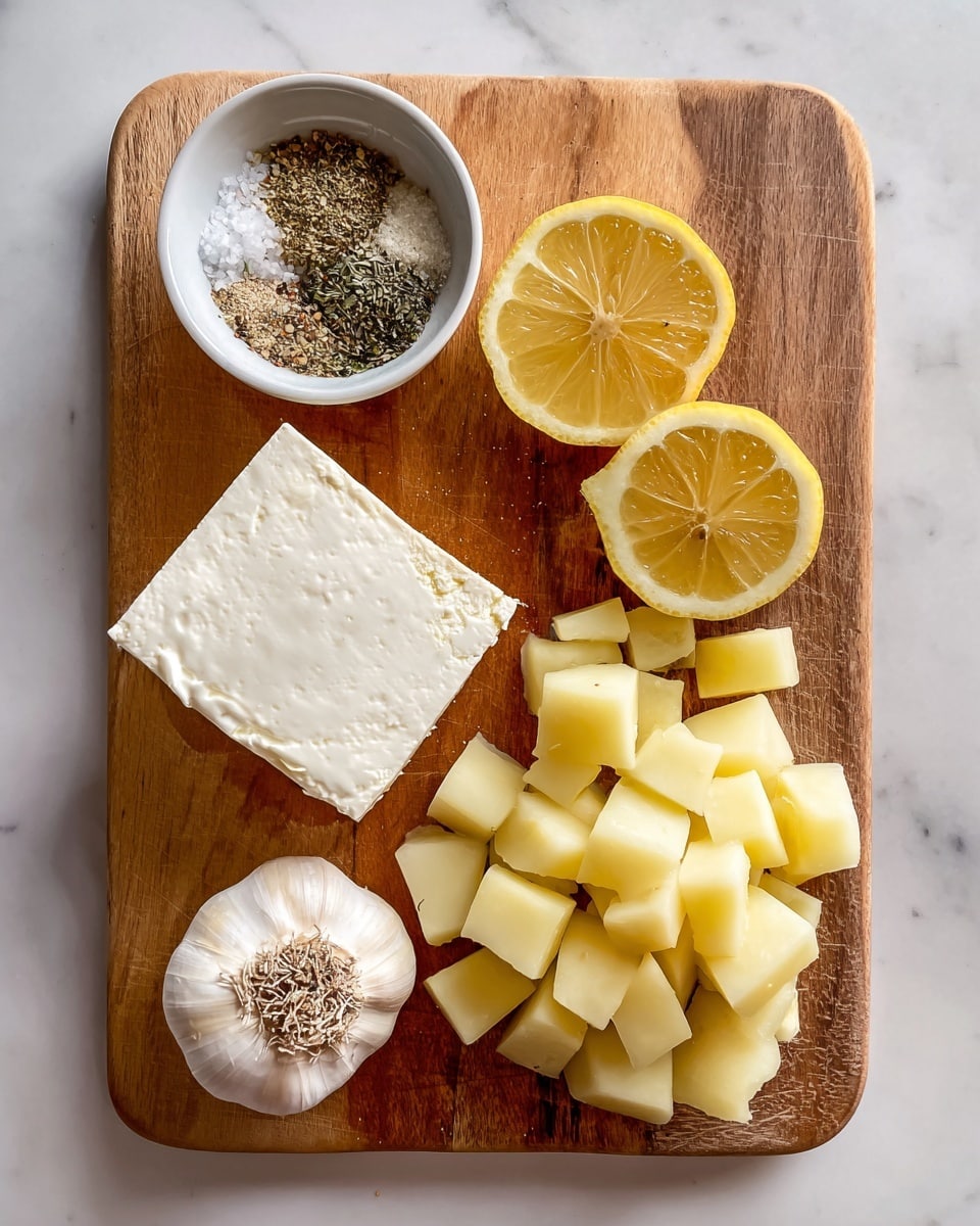 The image shows a wooden board with several ingredients neatly arranged on it. On the left side, there is an unwrapped block of white feta cheese with a smooth texture. Above it, a small white bowl contains mixed seasonings, including coarse salt and herbs, with a rough texture. To the right of the feta and bowl, two halves of a bright yellow lemon are placed, showing the juicy interior. Below the lemon, a bulb of garlic is cut horizontally, exposing the pale cloves inside. At the bottom, a pile of pale yellow potato cubes with smooth surfaces fills the lower part of the board. The background is a white marbled surface. photo taken with an iphone --ar 4:5 --v 7