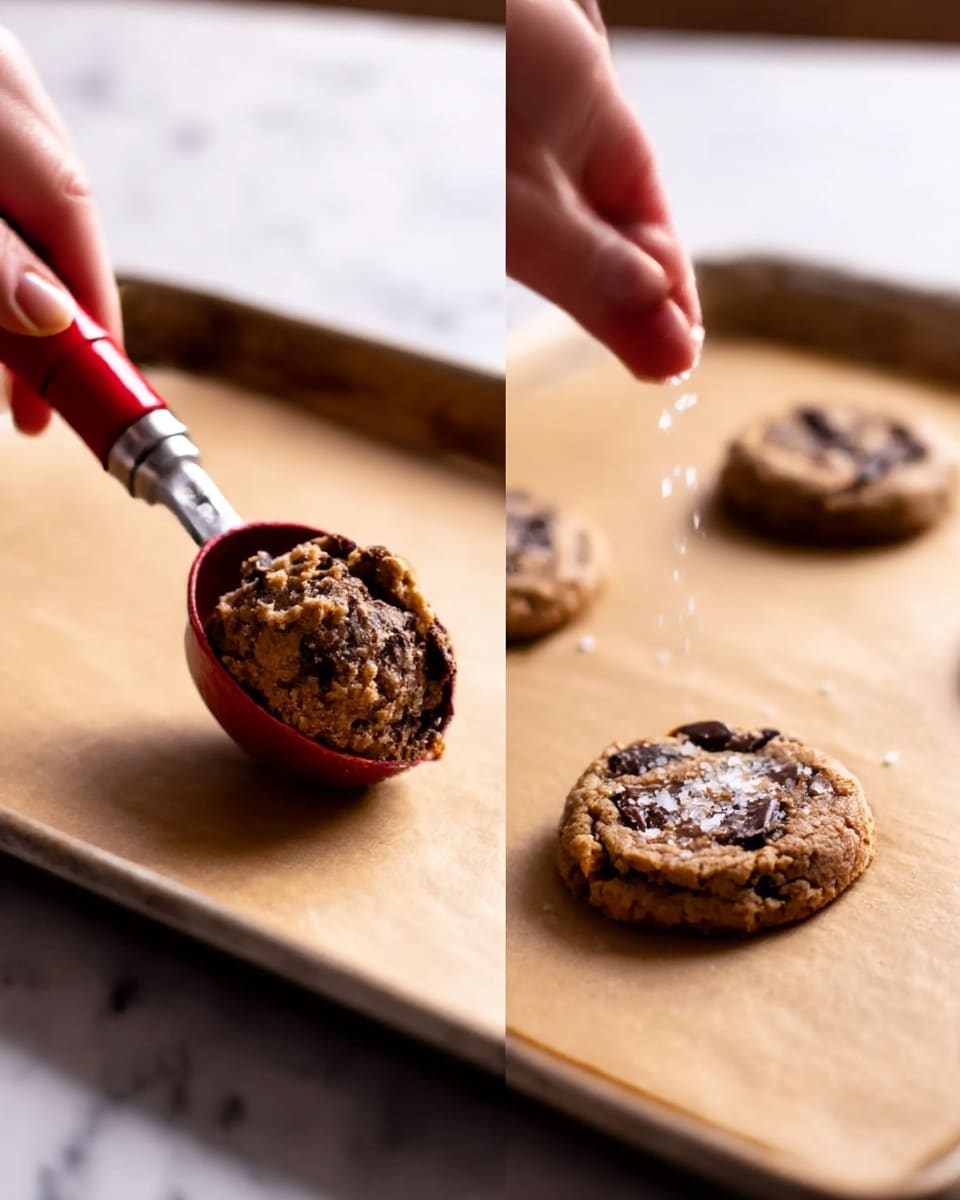 The image shows a close-up of a baking tray covered with light brown parchment paper on a white marbled surface. In the left part of the image, a woman's hand is using a red-handled scoop to place a scoop of dark brown cookie dough with visible chunks on the tray. The dough ball is rough in texture and sits alone on the parchment. In the right part of the image, a woman's hand is sprinkling light-colored coarse salt over a small, round, flat, dark brown baked cookie with visible chocolate chunks on the same parchment-lined tray. There are two other similar cookies blurred in the background. photo taken with an iphone --ar 4:5 --v 7