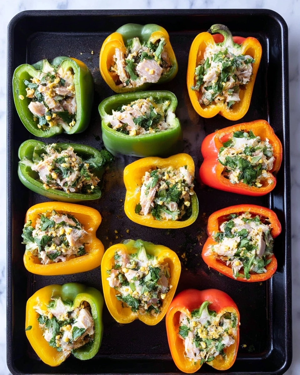 The image shows a black baking tray on a white marbled texture, filled with ten halved bell peppers in green, yellow, orange, and red. Each pepper half is stuffed with a mixture of light gray pieces, likely uncooked fish or chicken, combined with finely chopped green herbs and small bits of light yellow seasoning or oats. The peppers are arranged evenly in two rows, showcasing their bright, smooth outer skin and hollowed interior filled with the unevenly cut mixture. Photo taken with an iphone --ar 4:5 --v 7
