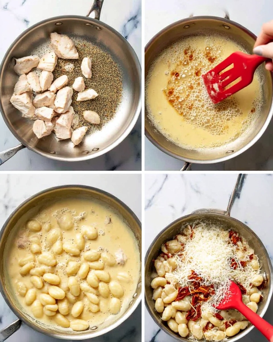 A close-up of a white bowl filled with creamy gnocchi pasta and chunks of chicken, all coated in a thick, light yellow sauce with small green herbs visible. There are pieces of fresh green spinach and some thin slices of sun-dried tomatoes mixed in. A silver spoon is partially visible on the right side, resting in the creamy sauce. The bowl sits on a white marbled background, and the sauce has a smooth texture that lightly covers all the ingredients. The dish looks rich and appetizing with soft, rounded gnocchi and tender chicken pieces. photo taken with an iphone --ar 4:5 --v 7