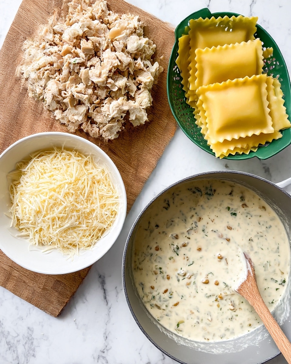 The image shows four parts on a white marbled surface: at the top left, there is a wooden board with finely chopped cooked chicken in light brown and white tones, below it to the left a white bowl filled with shredded pale yellow cheese, to the right a green colander holding rolled yellow lasagna sheets with ruffled edges, and at the bottom right, a gray pot containing creamy white sauce speckled with green herbs and small brown bits, with a wooden spoon resting inside. Photo taken with an iphone --ar 4:5 --v 7