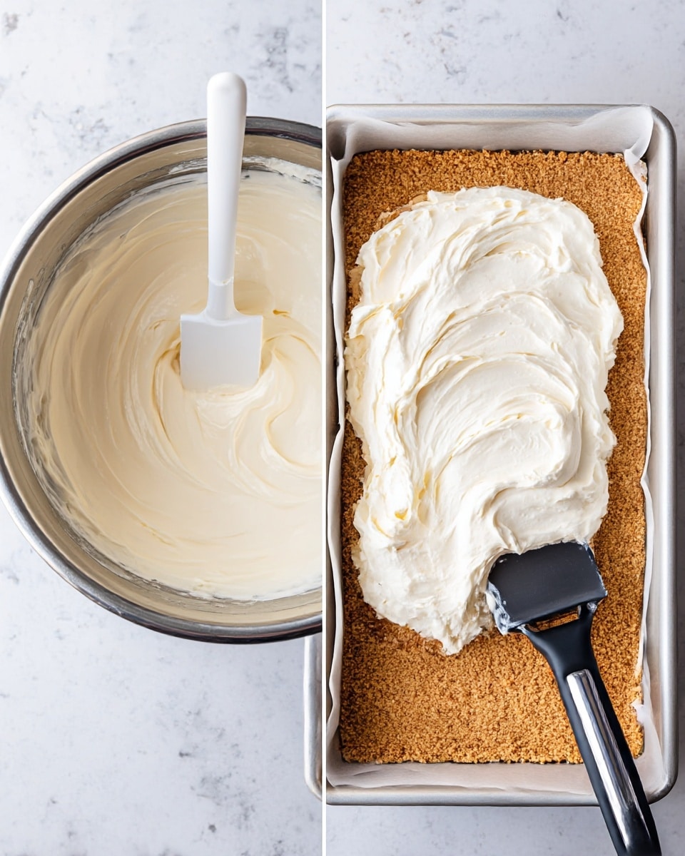The image shows two photos side by side. On the left is a silver metal mixing bowl with a creamy, smooth white mixture inside and a white spatula resting in it; the bowl sits on a white marbled surface. On the right is a white baking pan lined with white parchment paper holding a thick, golden-brown, crumbly crust layer at the bottom. On top of this crust, there is a large dollop of the same creamy white mixture being spread with a black and silver spatula, showing a soft and fluffy texture. Photo taken with an iphone --ar 4:5 --v 7