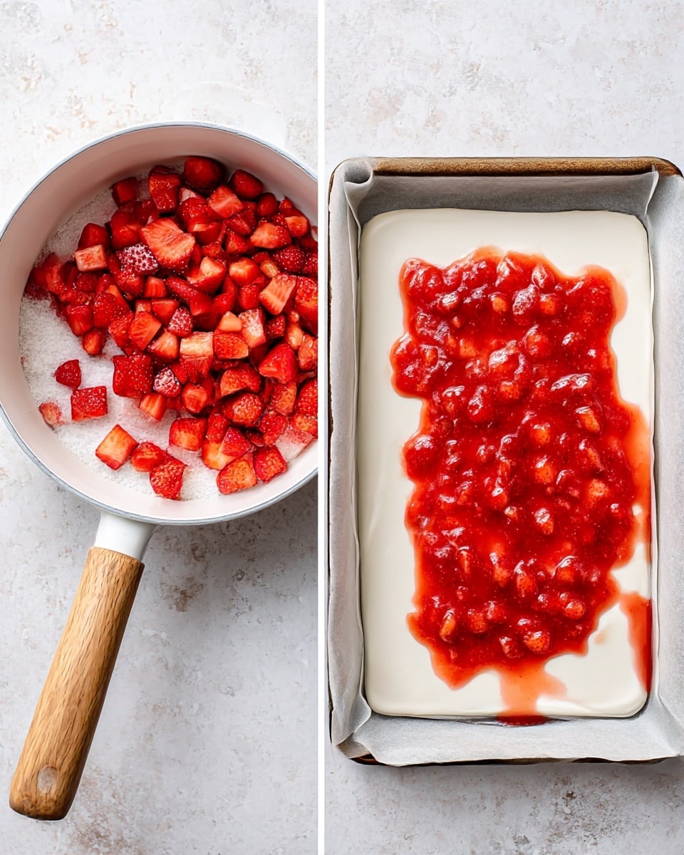 The image shows a two-part scene. On the left, there is a white saucepan with a wooden handle filled halfway with bright red chopped strawberries on top of a layer of white granulated sugar, set on a white marbled surface. On the right, a white rectangular pan lined with parchment paper holds a thick, smooth white layer, topped with a bright red chunky strawberry sauce spread roughly in the center, with syrupy bits dripping slightly near the edges, also placed on a white marbled surface. Photo taken with an iphone --ar 4:5 --v 7