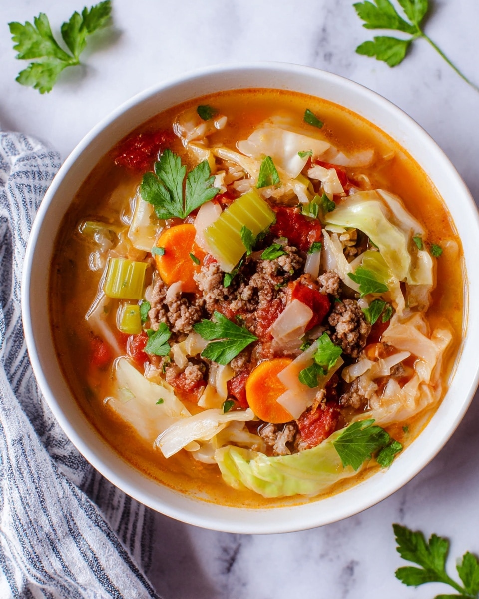 A white bowl filled with a colorful vegetable soup with six main layers: a clear orange broth base, light green celery pieces, orange carrot slices, red tomato chunks, shredded pale green cabbage strips, and brown small ground meat chunks scattered throughout. Bright green parsley leaves sit on top, adding fresh color. The bowl is placed on a white marbled surface with a striped cloth nearby, and a few parsley leaves scattered around the bowl. Photo taken with an iphone --ar 4:5 --v 7